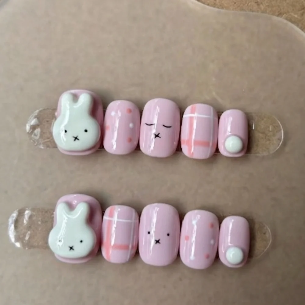 Kawaii Miffy Bunny Press On Nails Pink Plaid & 3D Easter Rabbit Art Size Small